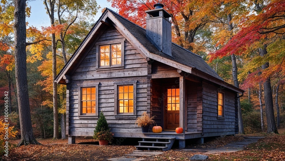 rustic, wooden cabin nestled in a forest during autumn. The cabin has a steep, gabled roof with a chimney and is constructed from weathered wooden planks. rustic, wooden cabin nestled in a forest during autumn. The cabin has a steep, gabled roof with a chimney and is constructed from weathered wooden planks.