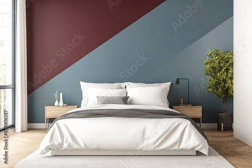 Wallpaper Mural Interior of modern bedroom with double bed and white linen, color ful wall with patterns. Accent wall with maroon and blue diagonal wall paint. generative ai Torontodigital.ca