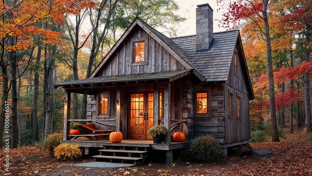 rustic, wooden cabin nestled in a forest during autumn. The cabin has a steep, gabled roof with a chimney and is constructed from weathered wooden planks. rustic, wooden cabin nestled in a forest during autumn. The cabin has a steep, gabled roof with a chimney and is constructed from weathered wooden planks.