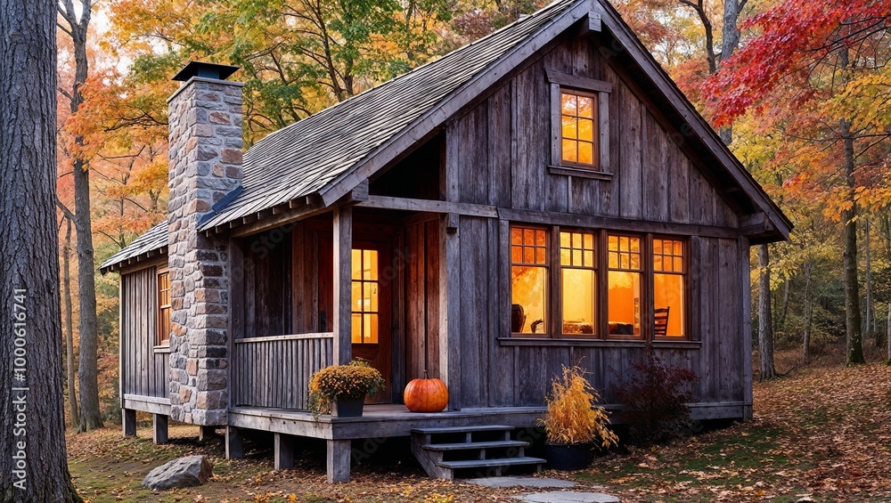 rustic, wooden cabin nestled in a forest during autumn. The cabin has a steep, gabled roof with a chimney and is constructed from weathered wooden planks. rustic, wooden cabin nestled in a forest during autumn. The cabin has a steep, gabled roof with a chimney and is constructed from weathered wooden planks.