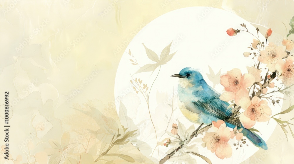 Traditional Chinese painting, featuring a round composition with light pink and beige flowers and leaves on the left side of the image. A blue bird is sitting in the center. Traditional Chinese painting, featuring a round composition with light pink and beige flowers and leaves on the left side of the image. A blue bird is sitting in the center.