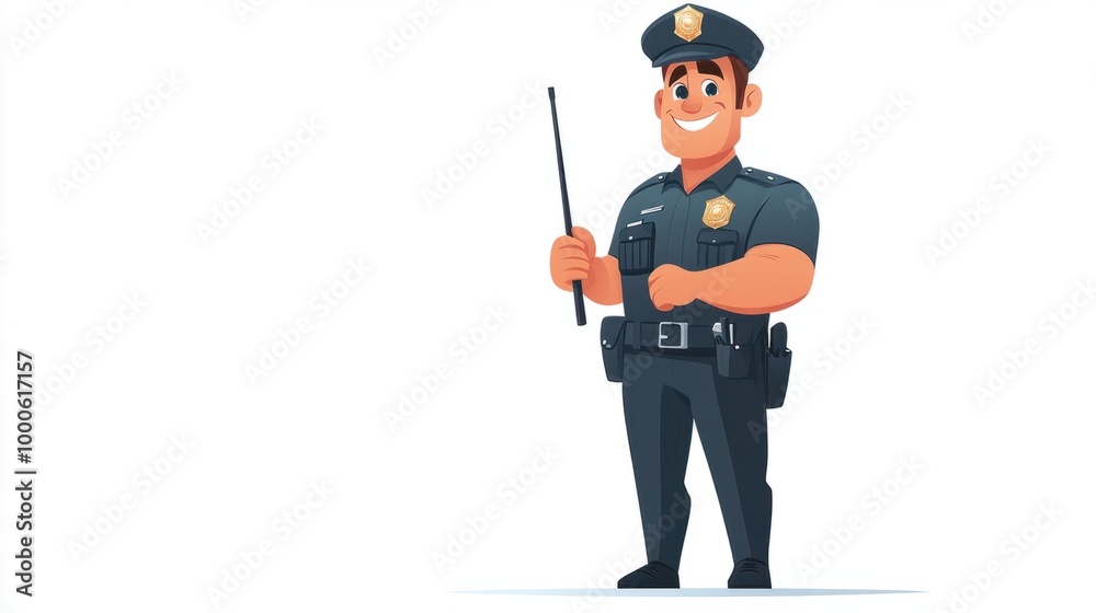 Cartoon police officer standing proudly with a baton and radio, smiling confidently, isolated on a white background. Cartoon police officer standing proudly with a baton and radio, smiling confidently, isolated on a white background.
