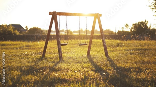 A serene image of swings in a sunlit field, evoking feelings of nostalgia and tranquility in a natural setting.