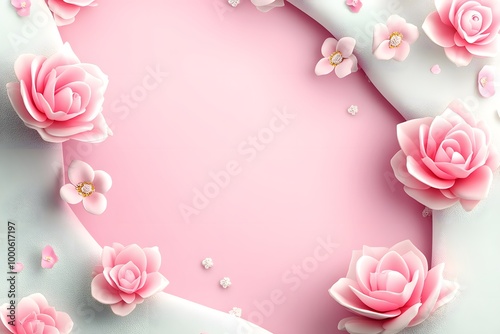 pink roses frame with copyspace, 3D