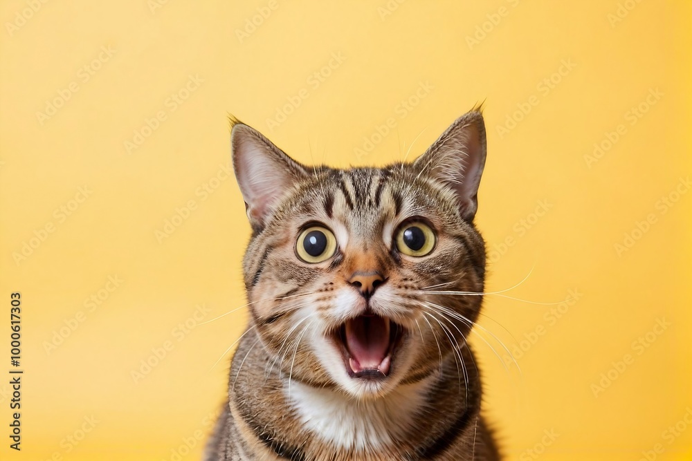 Cat with a surprised face isolated on a yellow background with copy space. Cat with a surprised face isolated on a yellow background with copy space.