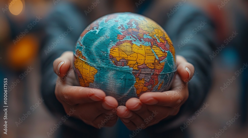 Close up of hands holding a small globe.