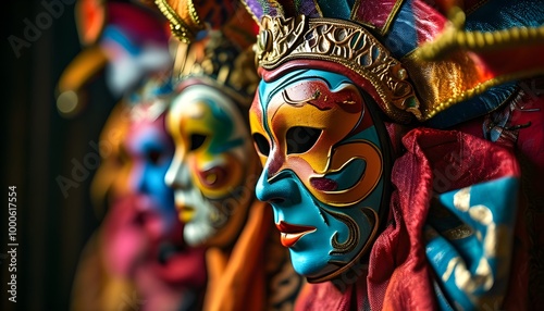 Vibrant Theatre Masks Featuring Rich Textures Under Studio Lighting Against a Realistic Background