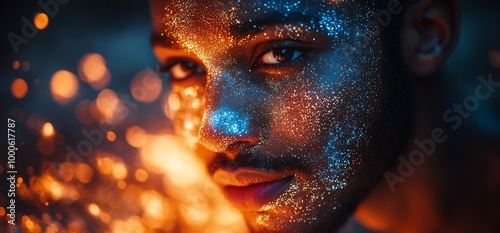 Close up portrait of a man with colorful glitter on his face, illuminated with warm light.