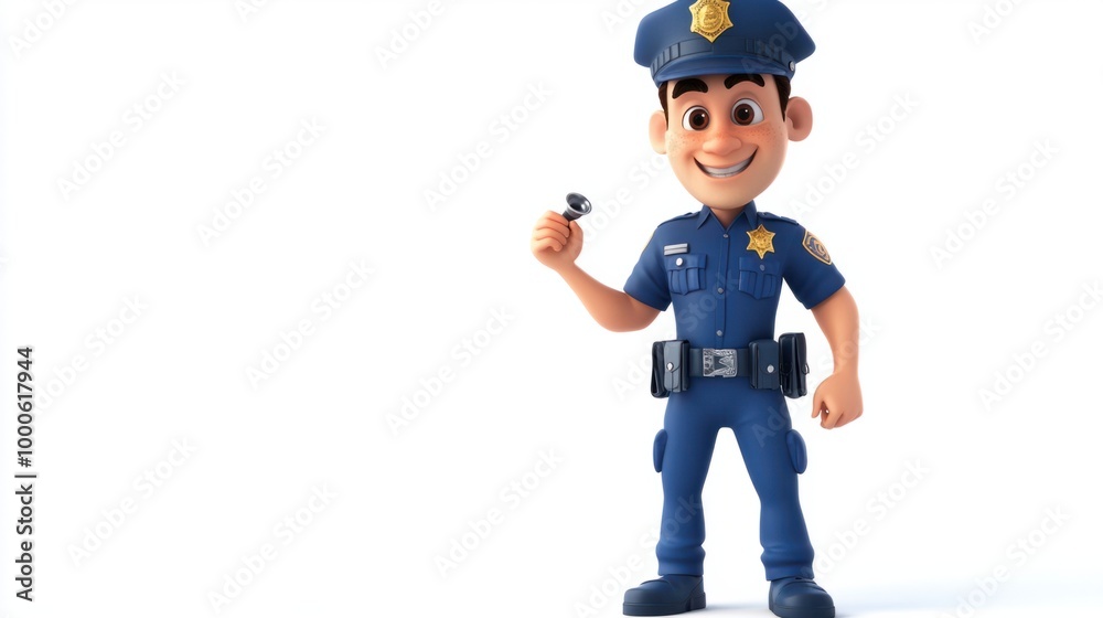 Cute police cartoon character in blue uniform holding a whistle, isolated on a clean white background, smiling cheerfully. Cute police cartoon character in blue uniform holding a whistle, isolated on a clean white background, smiling cheerfully.