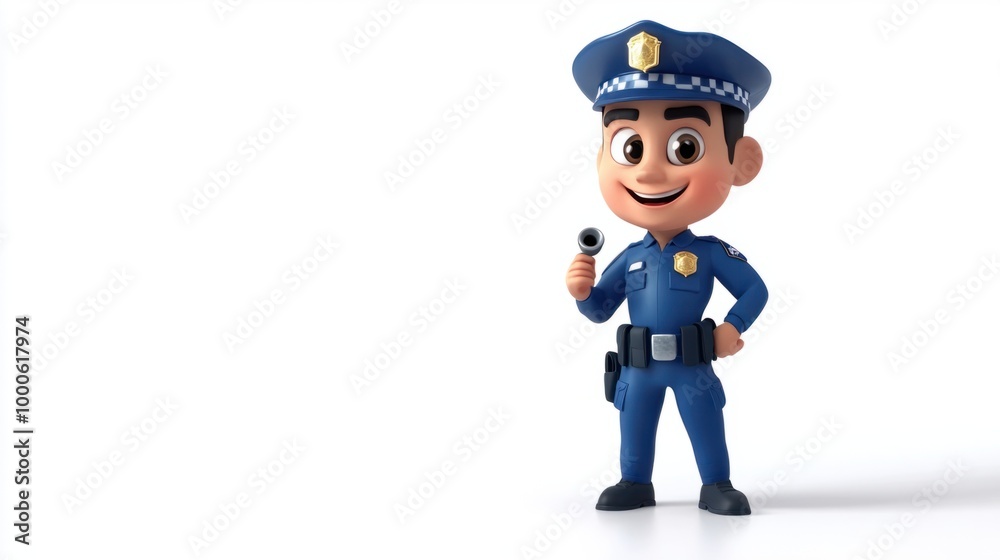 Cute police cartoon character in blue uniform holding a whistle, isolated on a clean white background, smiling cheerfully. Cute police cartoon character in blue uniform holding a whistle, isolated on a clean white background, smiling cheerfully.