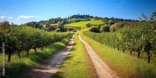 A winding dirt road leads through a picturesque countryside, with lush green trees lining the path and a rolling hillside in the distance. The sun shines brightly, casting a warm glow on the scene.