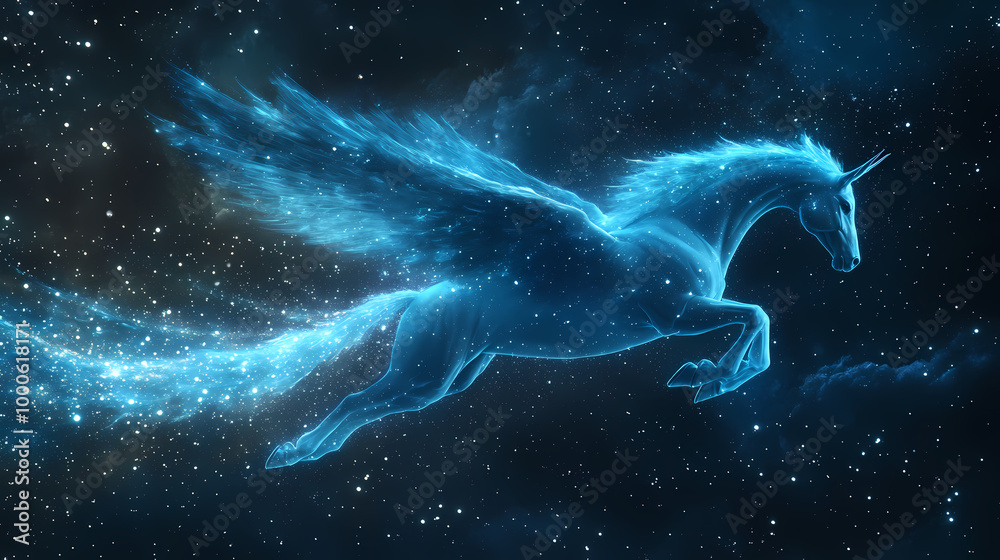 Obraz premium Mystical pegasus soaring through starry night sky with sparkling stardust trail. Pegasus Flight. Illustration