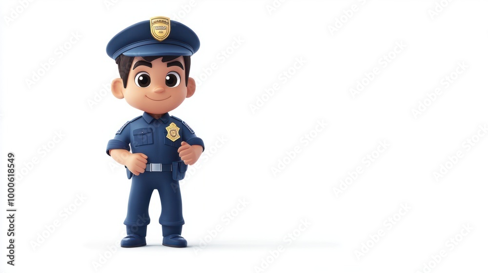 Cute police officer in cartoon style, holding a small badge and standing proudly, isolated on a clean white background. Cute police officer in cartoon style, holding a small badge and standing proudly, isolated on a clean white background.