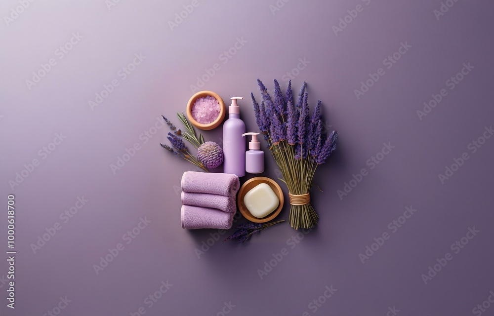 Fototapeta premium Purple background with spa items including lavender, towels, soap and lotions.