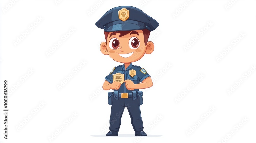 Obraz premium Cute police officer in cartoon style, holding a small badge and standing proudly, isolated on a clean white background.