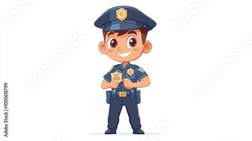 Cute police officer in cartoon style, holding a small badge and standing proudly, isolated on a clean white background.