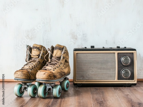 Vintage roller skates next to a classic radio, set against a textured wall, evoking nostalgia and a sense of leisure. photo