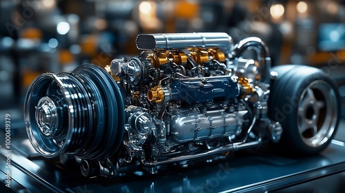 Close-up of a powerful, shiny, chrome engine with a blue and gold color scheme, showcasing its intricate details.