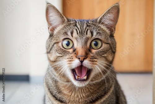 Cat with a surprised face at home with copy space.