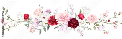 Watercolor, pink and red roses border clipart, white background,