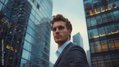 Young business man stands at the foot of an office building, gazing towards the horizon with determination and purpose. The scene is cinematic, blue sky, and city background of skyscrapers