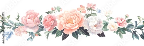 A long, horizontal garland of roses, peonies, and carnations in pastel colors on a white background, 