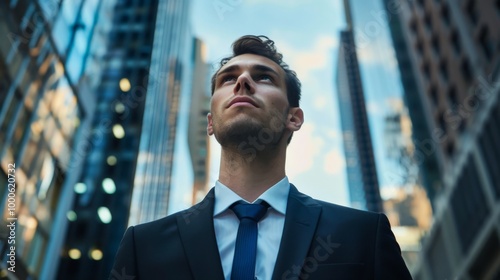 Young business man stands at the foot of an office building, gazing towards the horizon with determination and purpose. The scene is cinematic, blue sky, and city background of skyscrapers