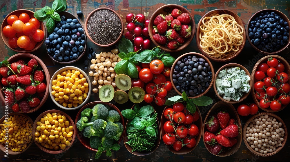 Assorted Fresh Fruits, Vegetables, and Legumes in Bowls generated with AI Assorted Fresh Fruits, Vegetables, and Legumes in Bowls generated with AI