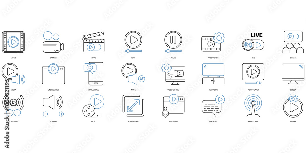 Video icons set. Set of editable stroke icons.Set of Video Video icons set. Set of editable stroke icons.Set of Video