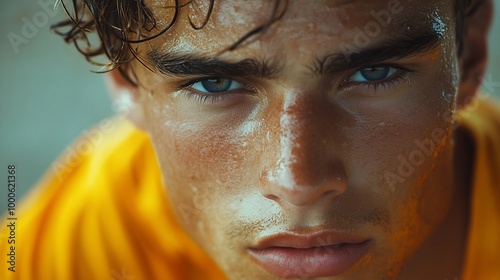 Close-up portrait of a young man with wet hair and a determined expression.