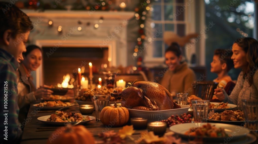 Thanksgiving Dinner Table Setting with Roasted Turkey, Autumn Leaves, and Candles - Cozy Holiday Celebration Thanksgiving Dinner Table Setting with Roasted Turkey, Autumn Leaves, and Candles - Cozy Holiday Celebration