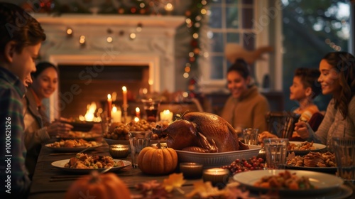 Thanksgiving Dinner Table Setting with Roasted Turkey, Autumn Leaves, and Candles - Cozy Holiday Celebration