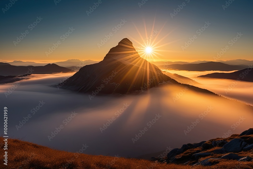 Luminous Fog and Mountain Peak at Eventide with Warm Tones and Brilliant Sunlight Luminous Fog and Mountain Peak at Eventide with Warm Tones and Brilliant Sunlight