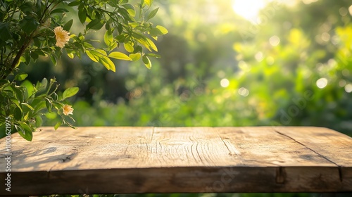 Fototapeta Naklejka Na Ścianę i Meble -  2. A rustic wooden podium in a vibrant garden, with a blurred backdrop of green foliage, providing an ideal setting for presenting organic products in a spring or summer theme