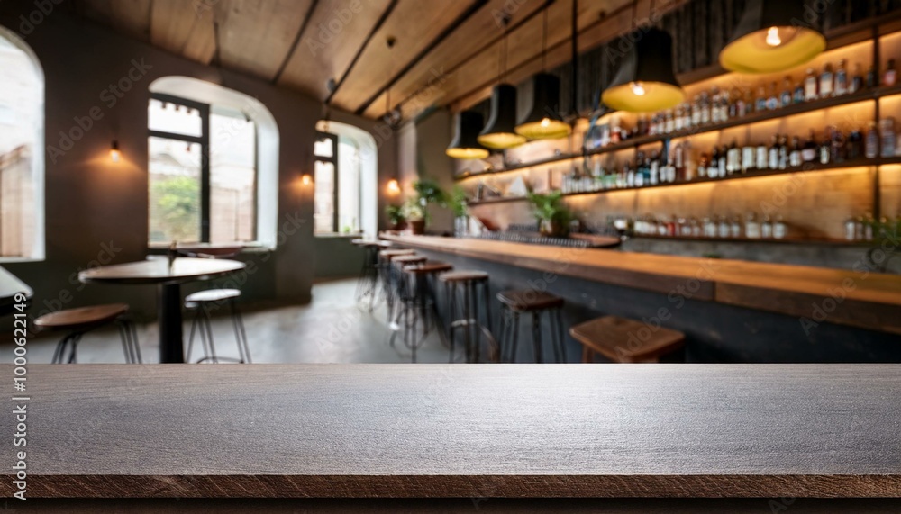 Empty tabletop in a restaurant for product presentation. Mockup of a kitchen countertop in a cafe bar. Concrete shelf for food and drinks. Empty tabletop in a restaurant for product presentation. Mockup of a kitchen countertop in a cafe bar. Concrete shelf for food and drinks.