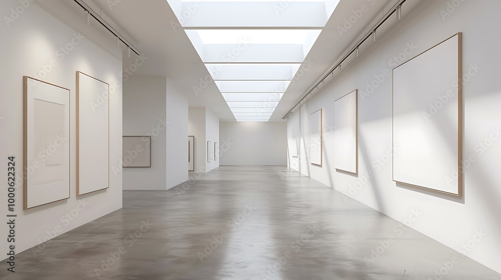 Empty art gallery with white walls and a concrete floor, showcasing blank frames ready for artwork.