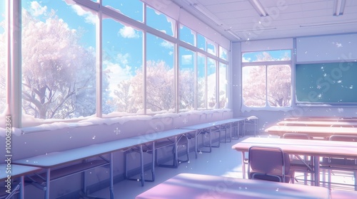 Anime classroom scene, winter ambiance, cozy atmosphere, detailed furnishings, soft color palette, inviting space, warmth of learning, seasonal charm, perfect for storytelling.