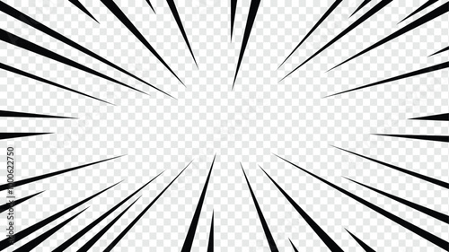 Diagonal speed lines background. Comic book sunburst. Abstract black and white radial line frame. Manga or anime cartoon explosion wallpaper. Pop art light beams or rays effect. Vector