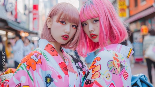 Japanese women embodying vibrant anime characters, showcasing intricate costumes and expressive poses, immersed in a dynamic comic book-inspired narrative.