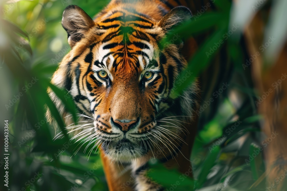 Intense Bengal Tiger Stalking Through Lush Green Jungle - Wildlife Photography Intense Bengal Tiger Stalking Through Lush Green Jungle - Wildlife Photography