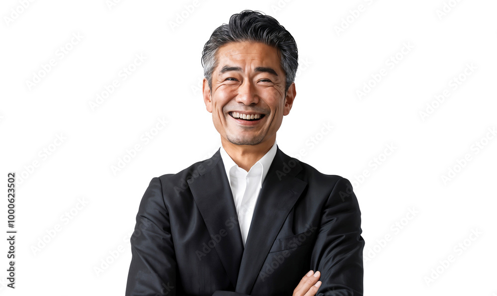 Portrait of a Japanese businessman, smiling and laughing in a suit, standing with arms crossed, isolated on transparent background Portrait of a Japanese businessman, smiling and laughing in a suit, standing with arms crossed, isolated on transparent background