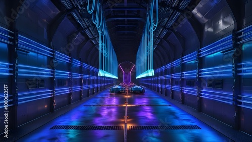 Futuristic Colorful Tunnel Warehouse with Metal Panels, Neon Laser Lights, Sci-Fi Glowing Blue Tubes, Cyber Interior, Garage Hangar Corridor, 3D Rendering