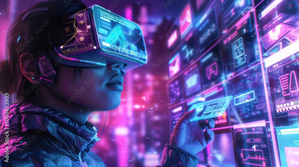 Futuristic Shopping Concept with Augmented Reality Glasses and Floating Digital Icons for Tech Designs Futuristic Shopping Concept with Augmented Reality Glasses and Floating Digital Icons for Tech Designs