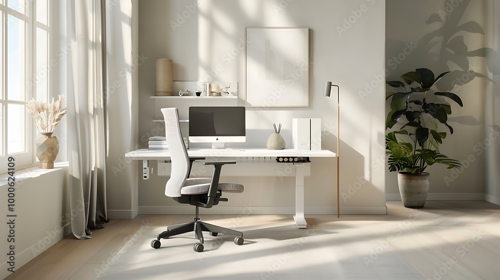 Fototapeta premium Modern Minimalist home office with a white desk, chair, and decor. The room is bathed in natural light and features a plant for a touch of greenery.