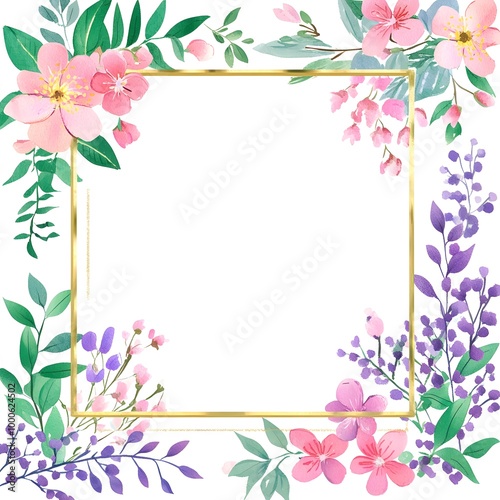 A square, blank white card with gold edges, surrounded by pink and purple flowers in a watercolor 