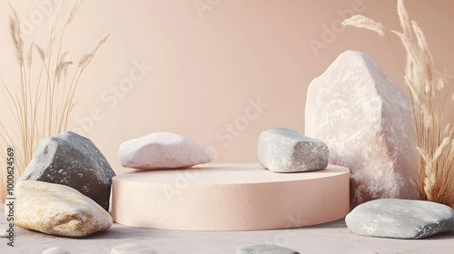 4. A captivating composition of pastel-toned geometric rocks and stones, set against a soft background, creating a perfect minimalist mockup for a podium showcase in a tranquil setting photo