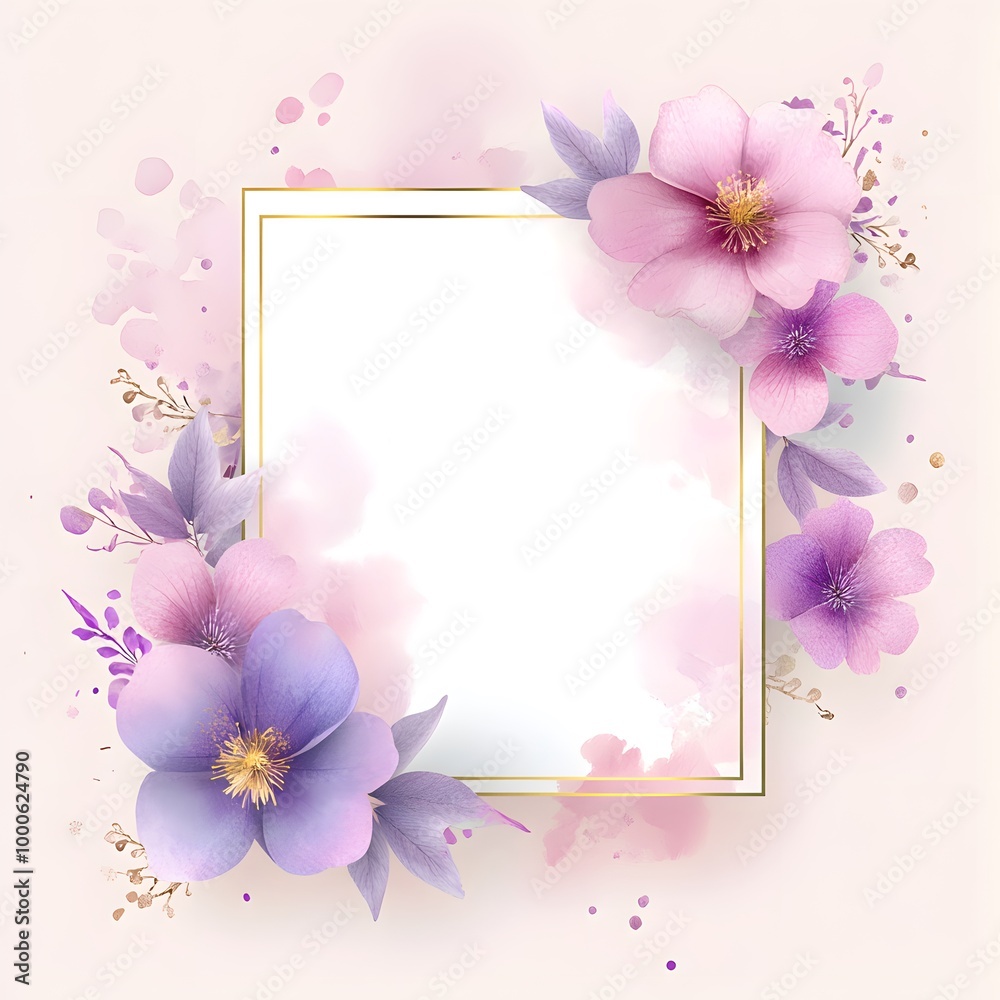 A square, blank white card with gold edges, surrounded by pink and purple flowers in a watercolor A square, blank white card with gold edges, surrounded by pink and purple flowers in a watercolor
