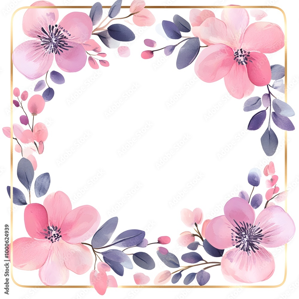 A square, blank white card with gold edges, surrounded by pink and purple flowers in a watercolor A square, blank white card with gold edges, surrounded by pink and purple flowers in a watercolor