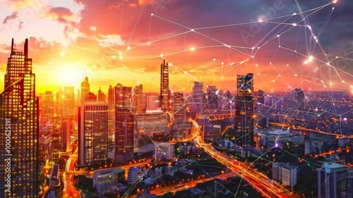 Wallpaper Mural A vibrant city skyline at sunset with a network overlay symbolizing connectivity. Torontodigital.ca