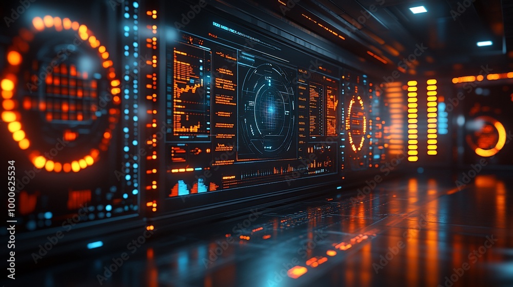 Futuristic digital interface with glowing orange and blue lights, futuristic technology concept. Futuristic digital interface with glowing orange and blue lights, futuristic technology concept.
